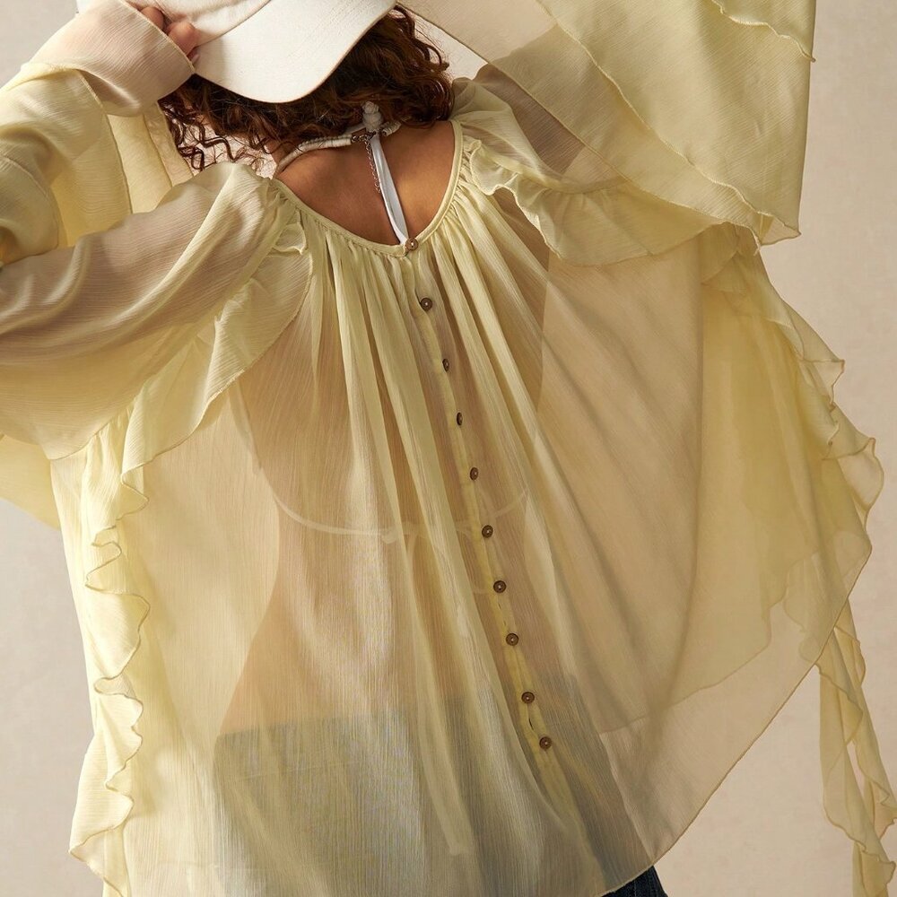 Yellow Casual Women's Loose Fit Long Sleeve Ruffled Hem Shirt - Picture 6 of 7